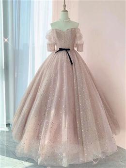 Picture of Pink Sweetheart-Neck Tulle Lace Half-Sleeve Formal Dress, Pink Party Dresses